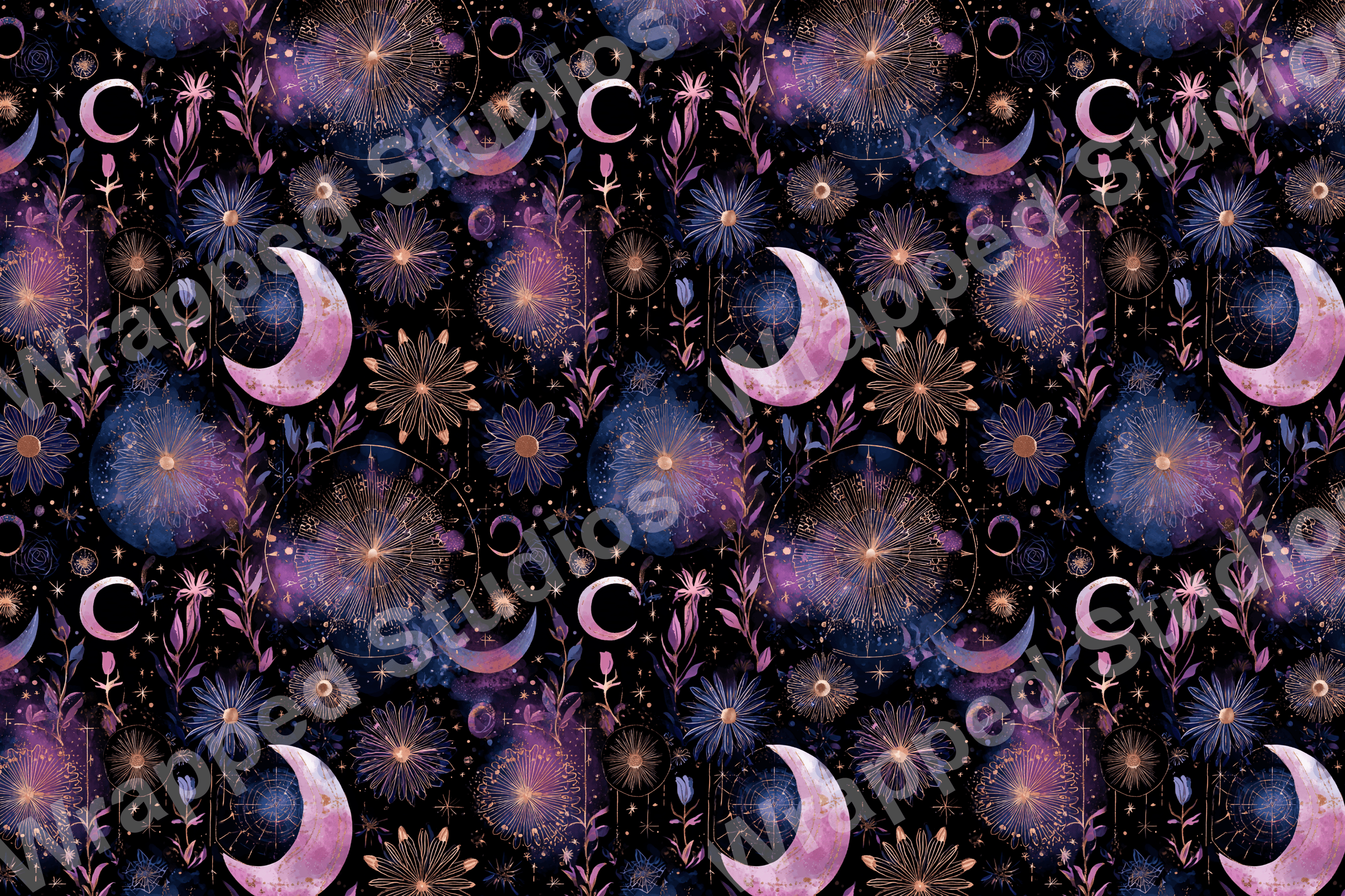 Celestial pattern with moons, stars, flowers, and gold line art on a dark blue and purple watercolor background.