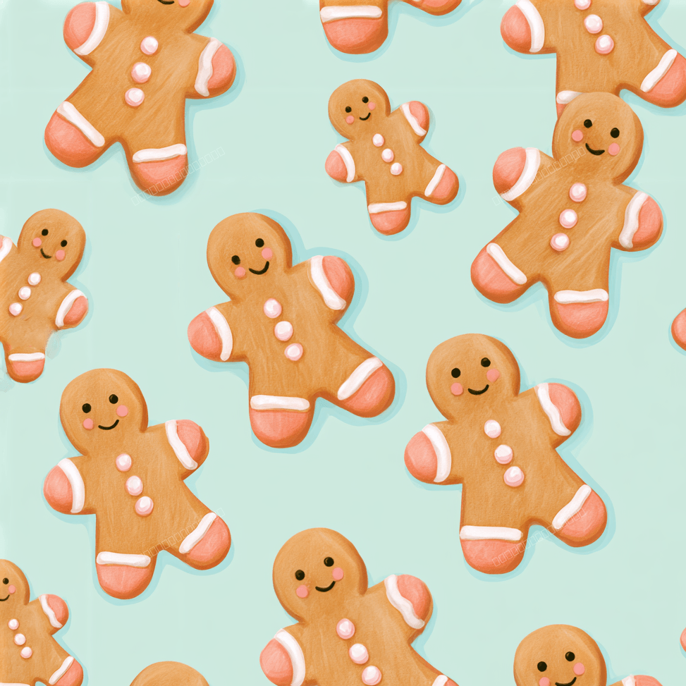 Cute holiday gingerbread man seamless pattern featuring smiling cookies on a light mint background.