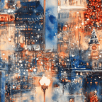 Impressionistic watercolor pattern of a snow-dusted cityscape in shades of blue, orange, and red.