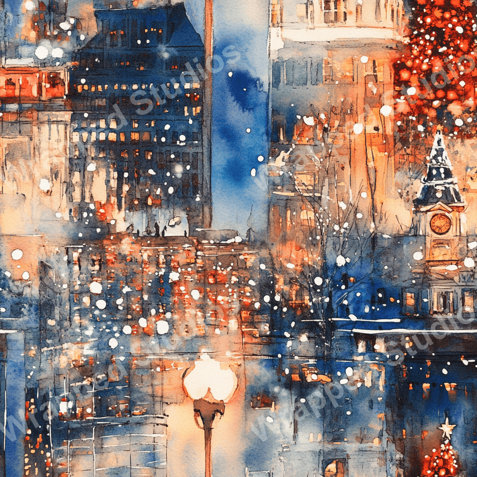 Impressionistic watercolor pattern of a snow-dusted cityscape in shades of blue, orange, and red.