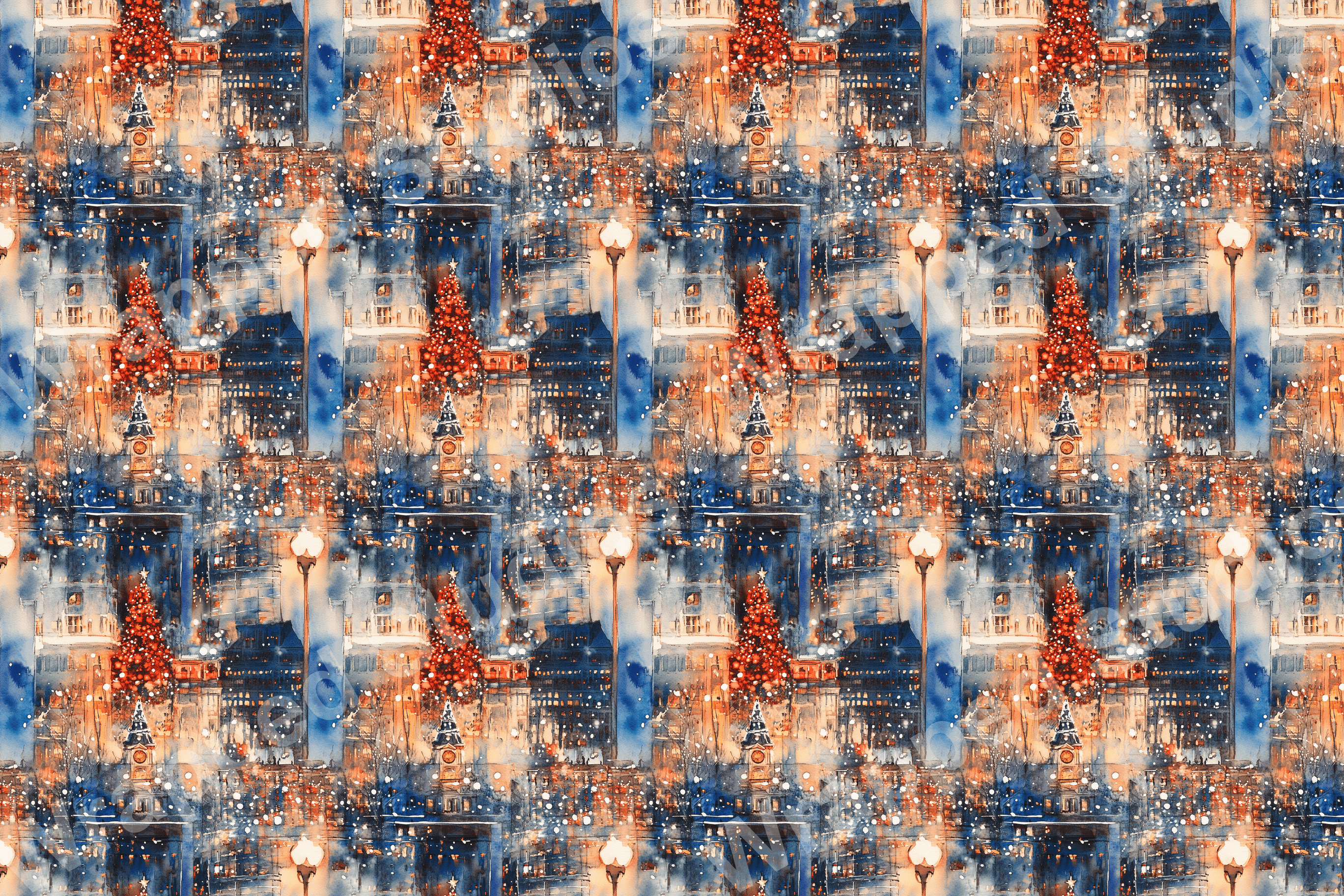 Watercolor winter city pattern with snowy buildings and Christmas trees in blue, orange, and brown tones.