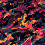 Modern abstract print with black and bright pink, teal, orange, and purple shapes.