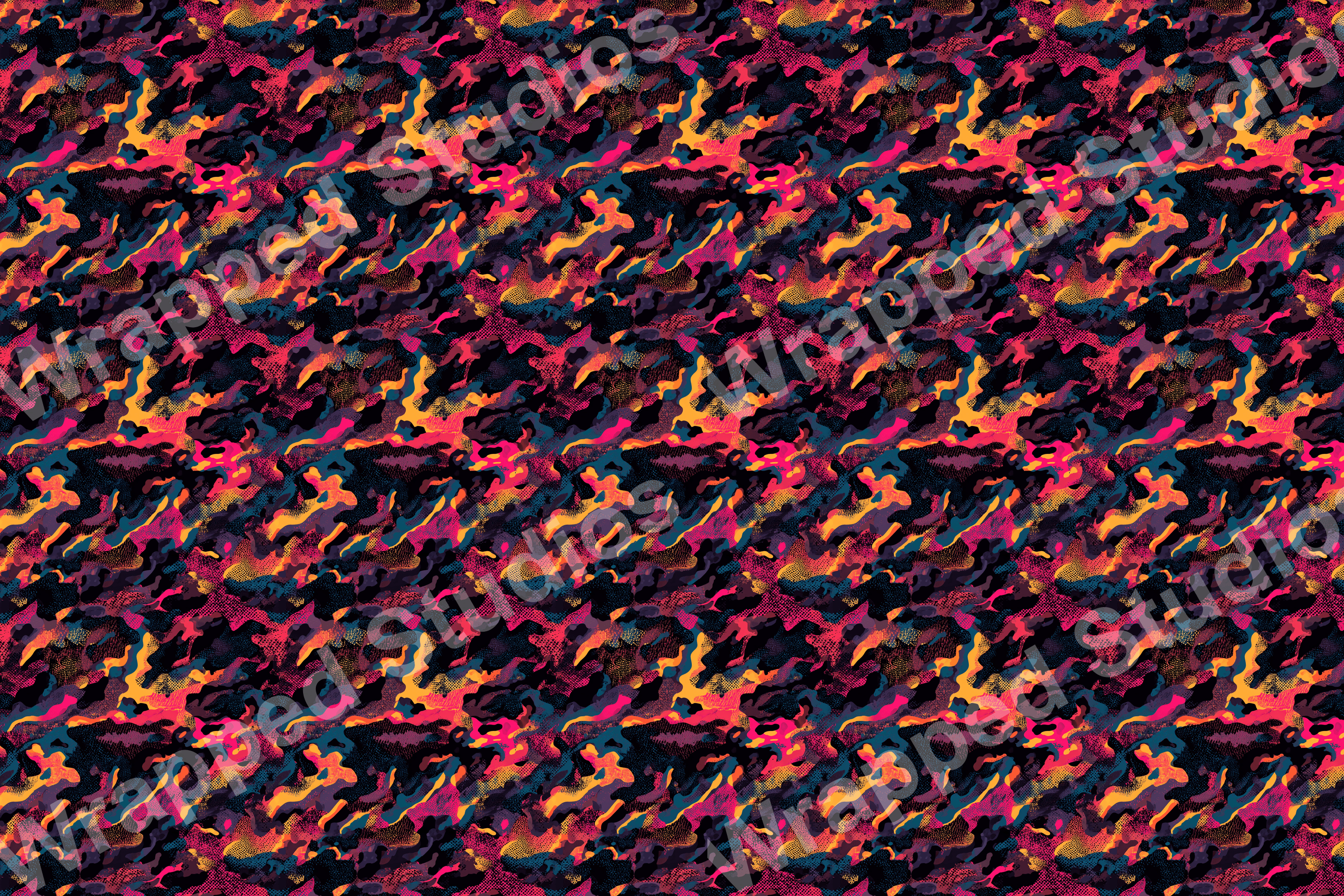 Bold abstract pattern with organic shapes in black, teal, orange, and fuchsia.