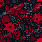Seamless floral pattern with red poinsettias, berries, and foliage on a dark background.