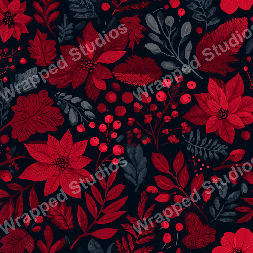 Seamless floral pattern with red poinsettias, berries, and foliage on a dark background.