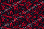 Elegant dark floral pattern with red poinsettias, berries, and gray leaves on a black background.