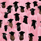 Seamless graduation pattern featuring illustrated graduates in pink gowns and black mortarboard caps.
