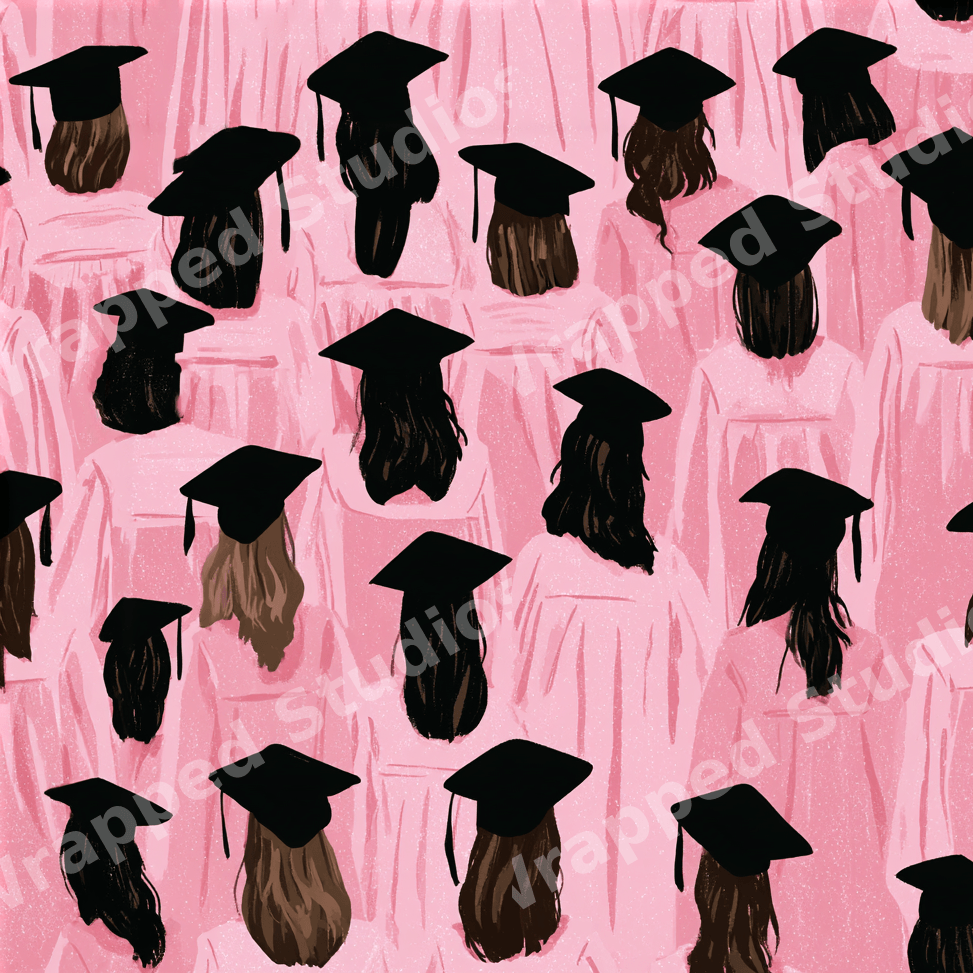 Seamless graduation pattern featuring illustrated graduates in pink gowns and black mortarboard caps.