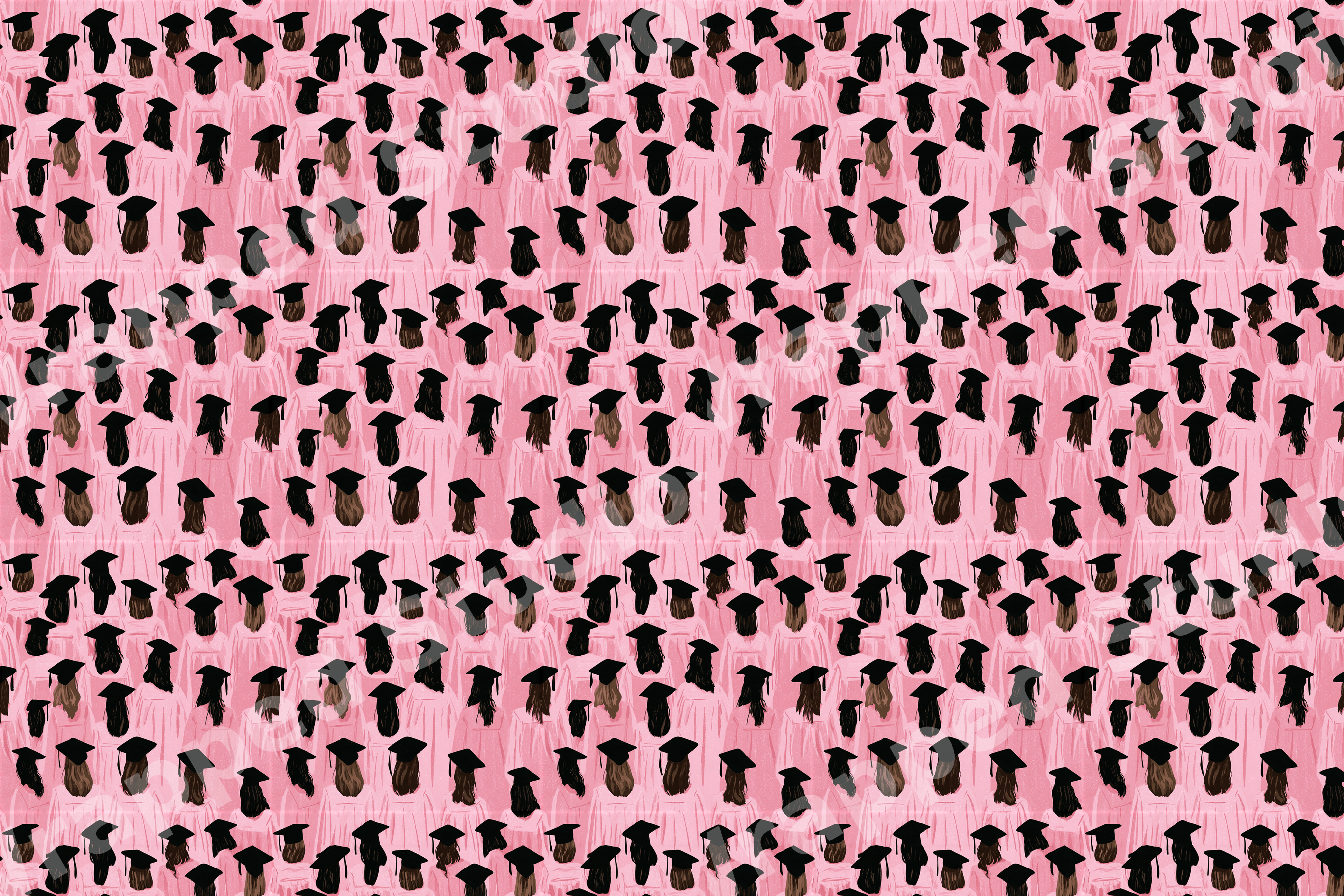 Repeating graduation pattern featuring illustrated graduates in pink gowns and black mortarboard caps.