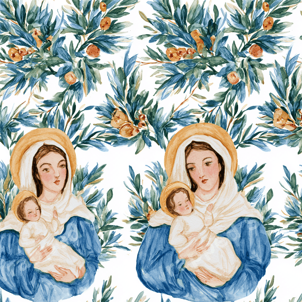 Watercolor Christmas pattern of Virgin Mary and baby Jesus with elegant blue-green olive branches.