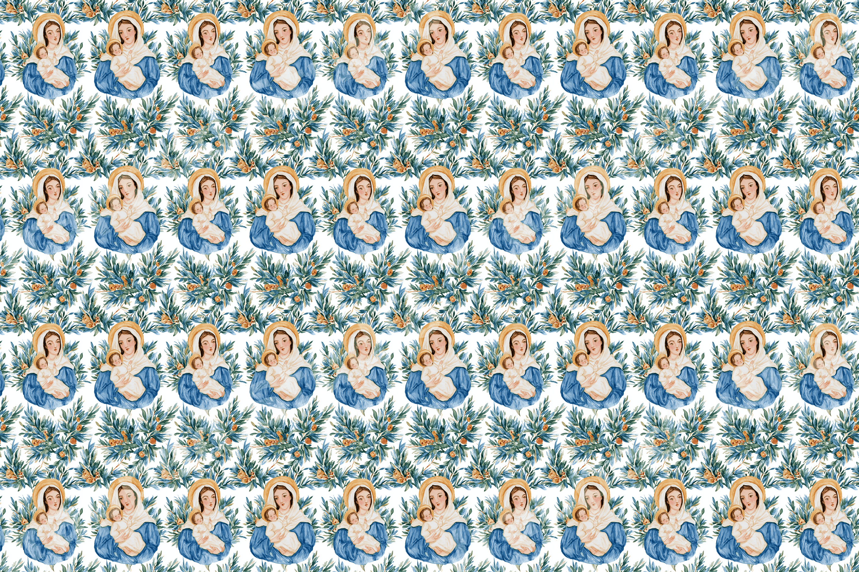 Watercolor religious pattern of Virgin Mary and baby Jesus with vintage botanical olive branches.