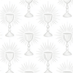 Minimalist Christian pattern featuring silver holy communion chalices with sunburst rays on a white background.