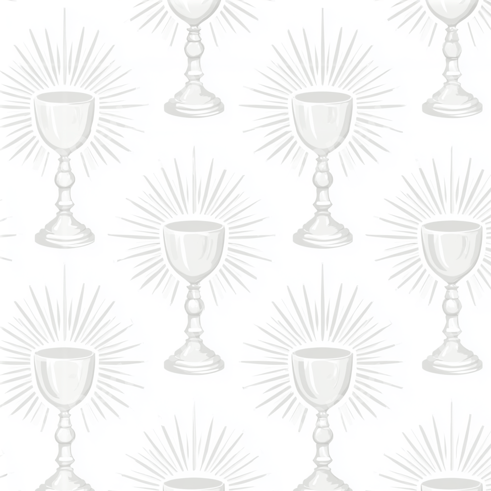Minimalist Christian pattern featuring silver holy communion chalices with sunburst rays on a white background.