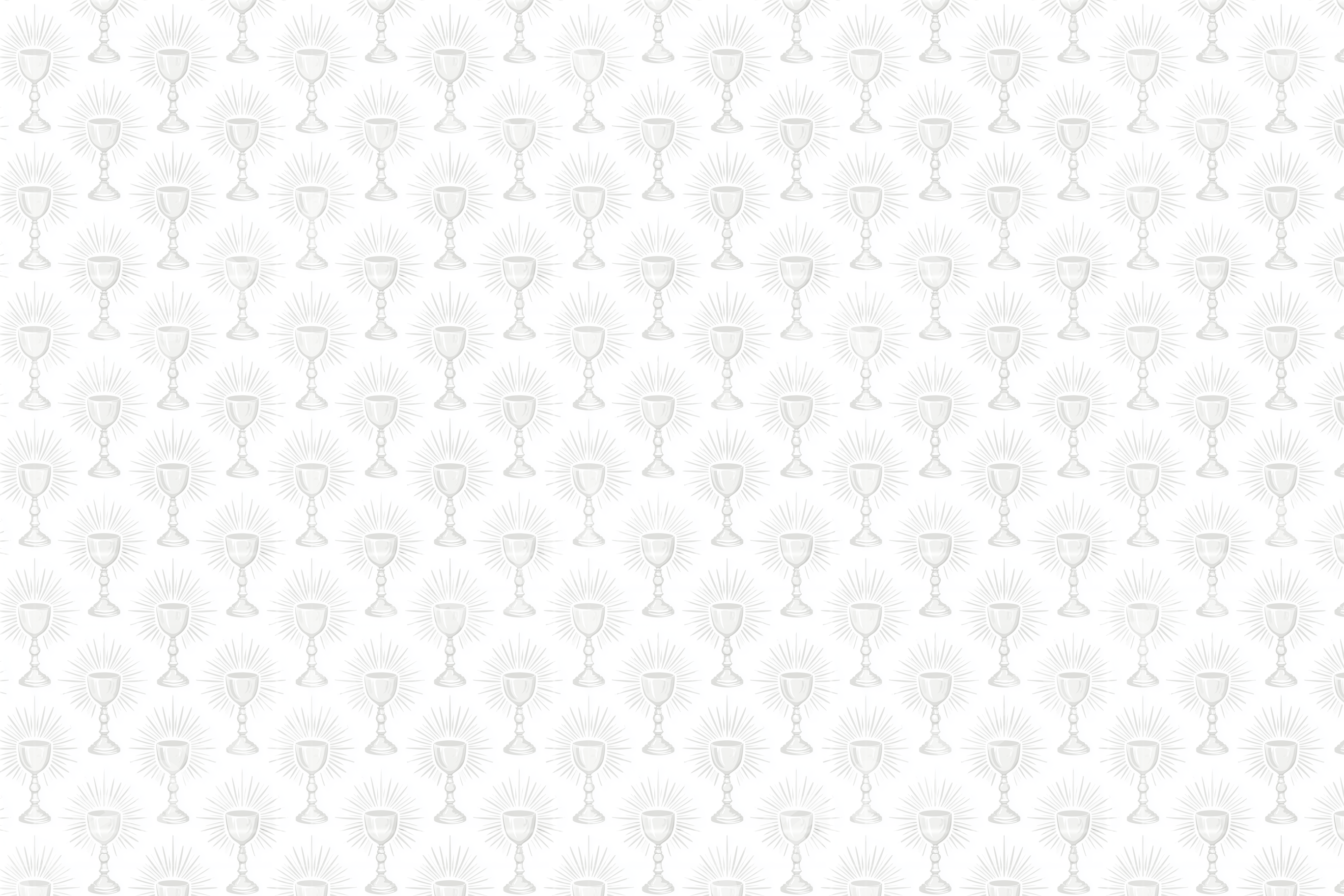 Minimalist Christian pattern of light grey holy chalices with radiating sunbursts on a clean white background.