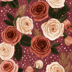 Vintage botanical pattern featuring rust and cream roses on a dotted burgundy background.
