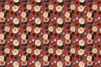 Vintage botanical floral pattern with cream and terracotta roses on a burgundy dotted background.