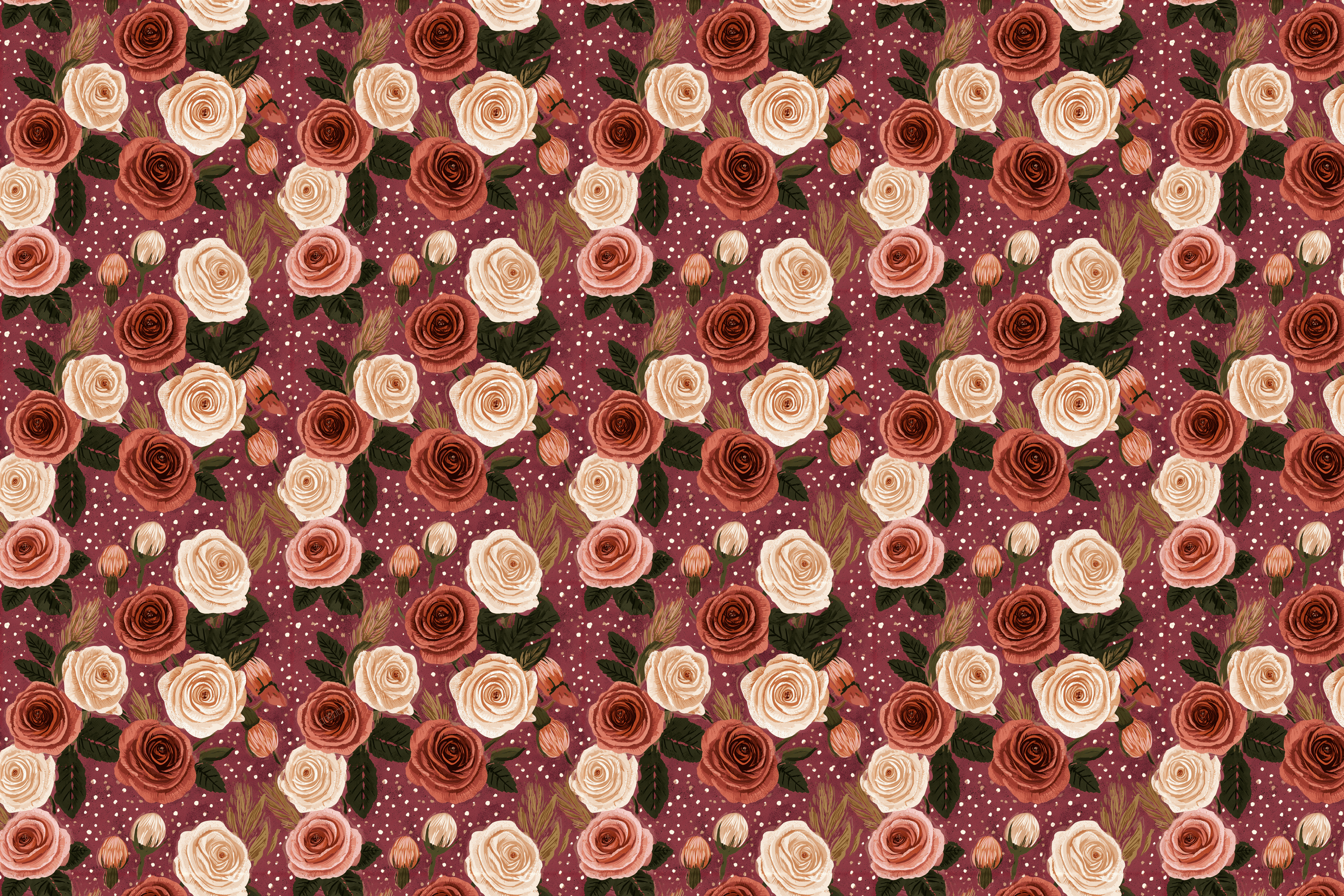 Vintage botanical floral pattern with cream and terracotta roses on a burgundy dotted background.