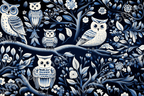 Stylized owl and floral pattern in shades of blue and white.