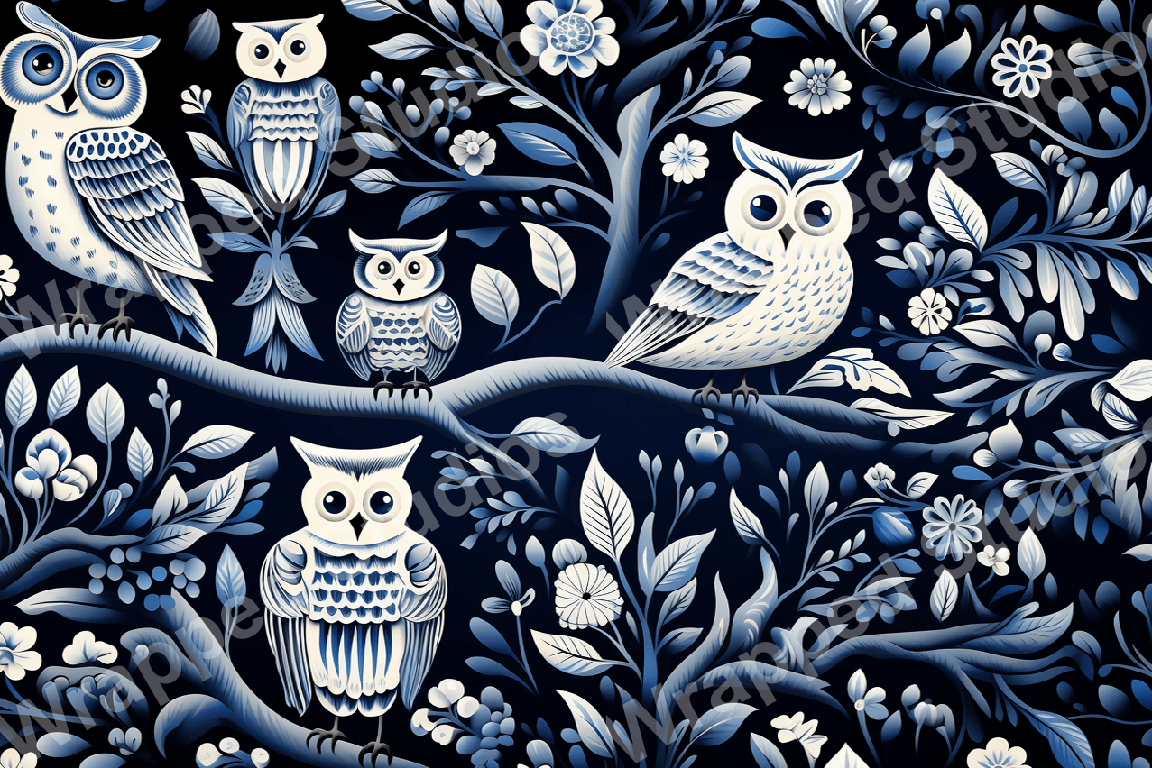 Stylized owl and floral pattern in shades of blue and white.
