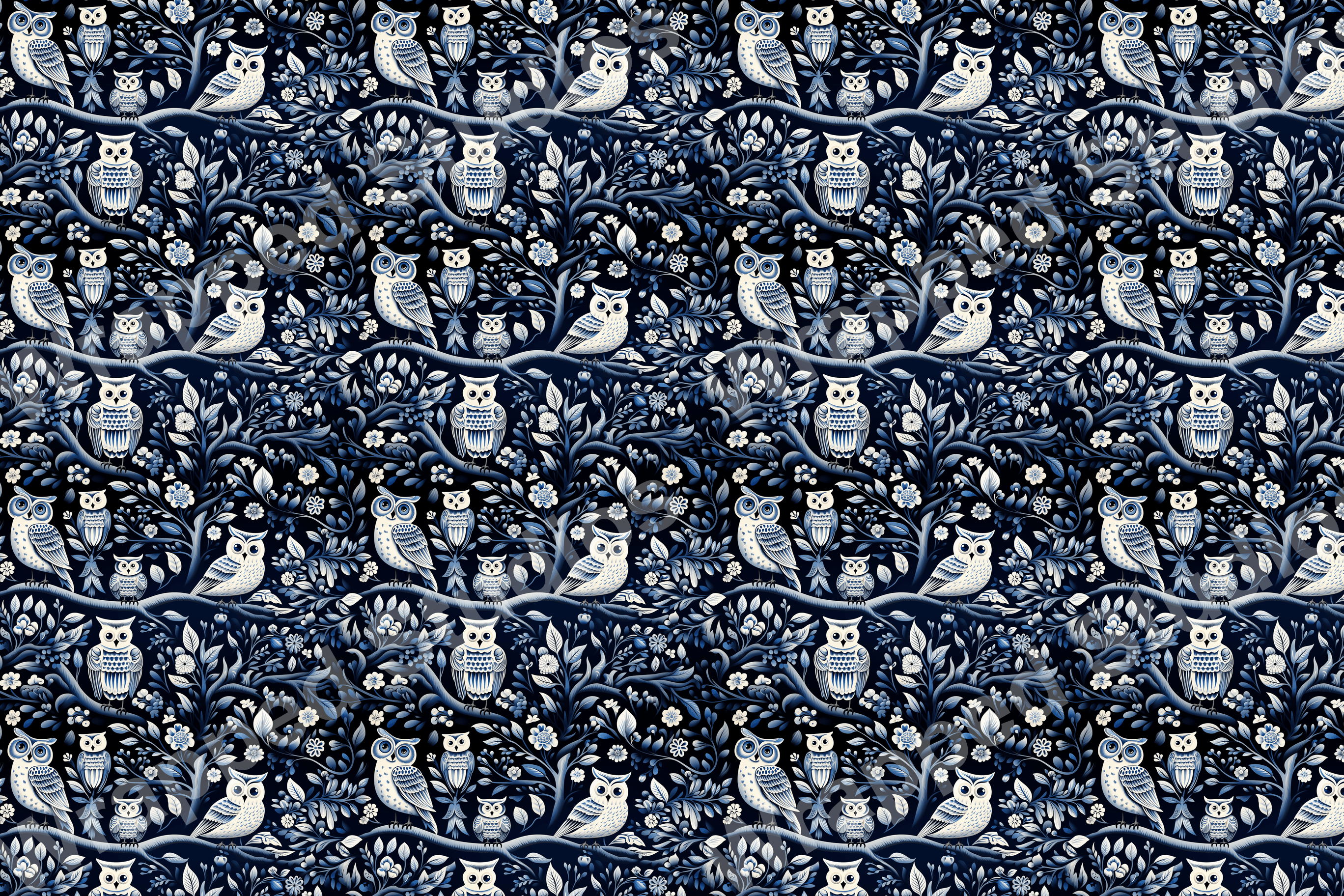 Detailed owl and floral pattern in shades of indigo, a whimsical nature-inspired design.