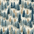 Seamless pattern of watercolor-style pine trees in blue, green and brown hues on a cream background.