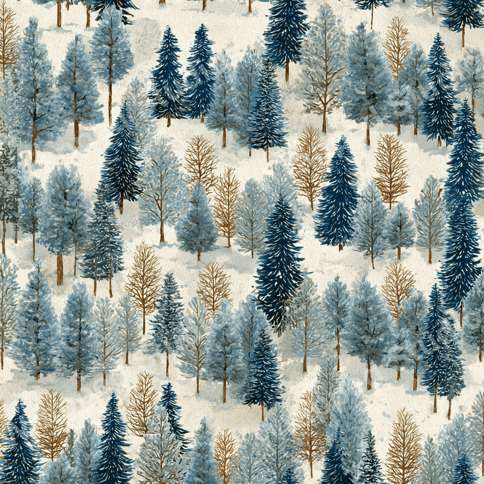 Seamless pattern of watercolor-style pine trees in blue, green and brown hues on a cream background.