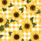 Sunflower floral pattern with green leaves on a yellow and white gingham checkered background.