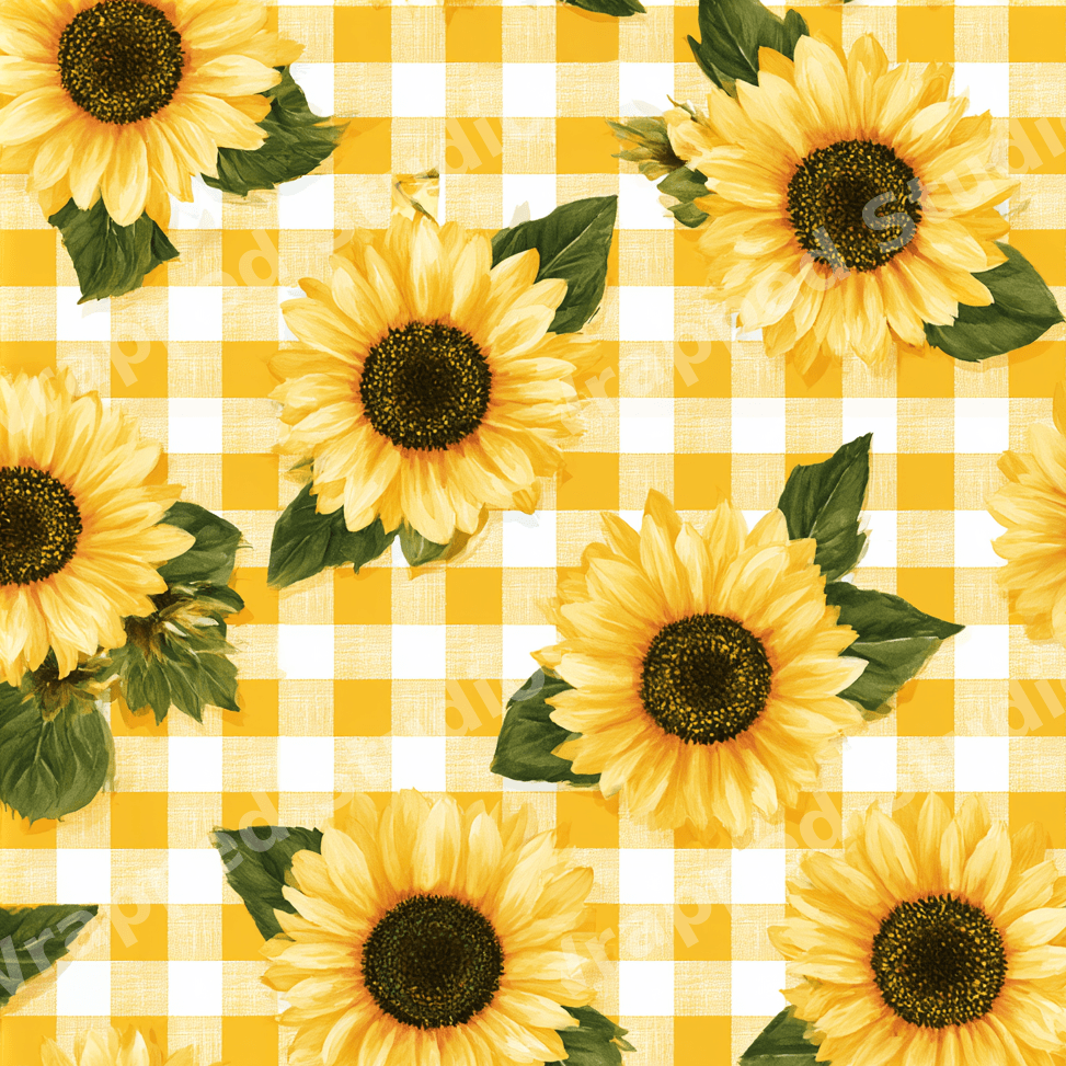 Sunflower floral pattern with green leaves on a yellow and white gingham checkered background.
