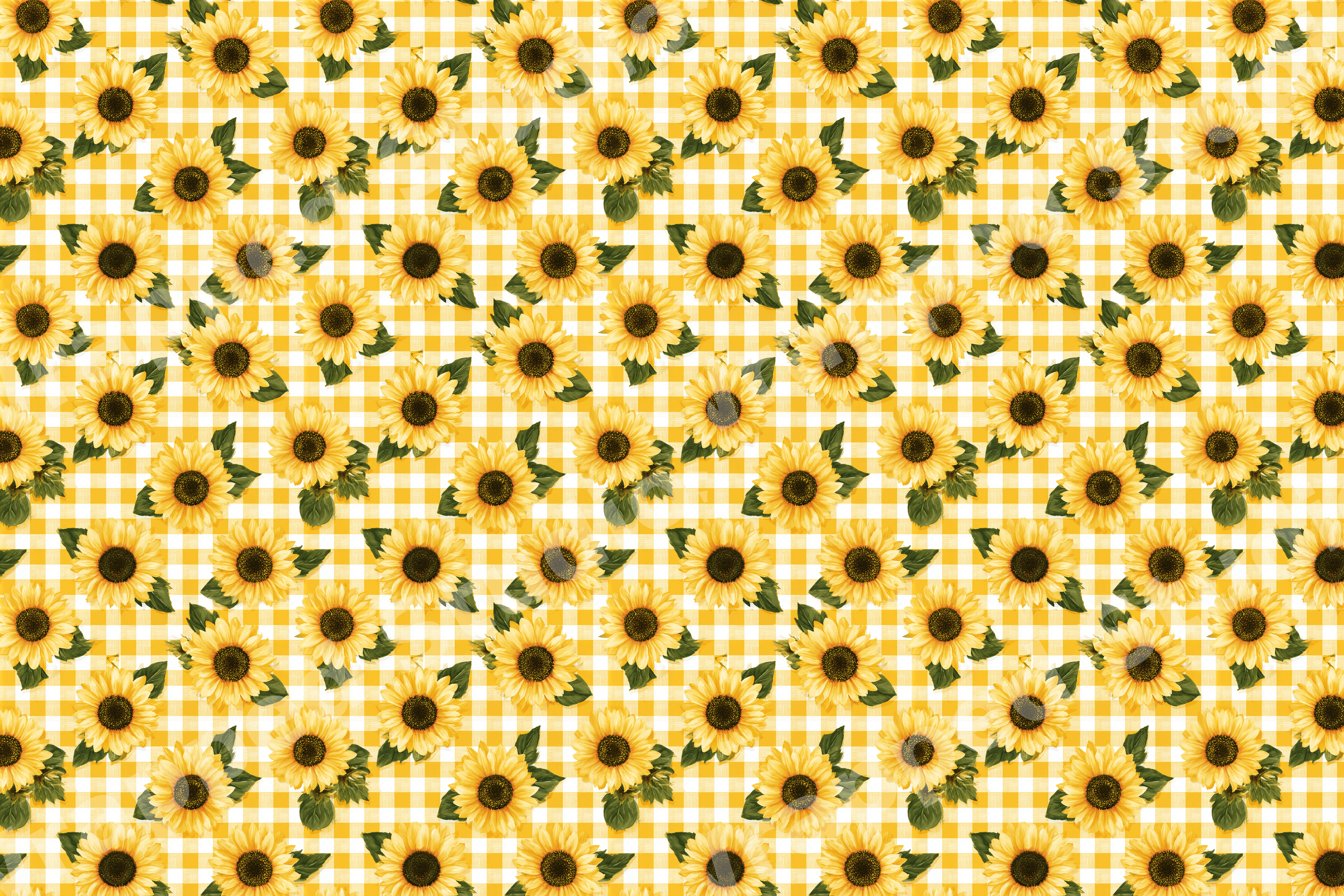 Rustic sunflower floral pattern on a yellow and white gingham check background.