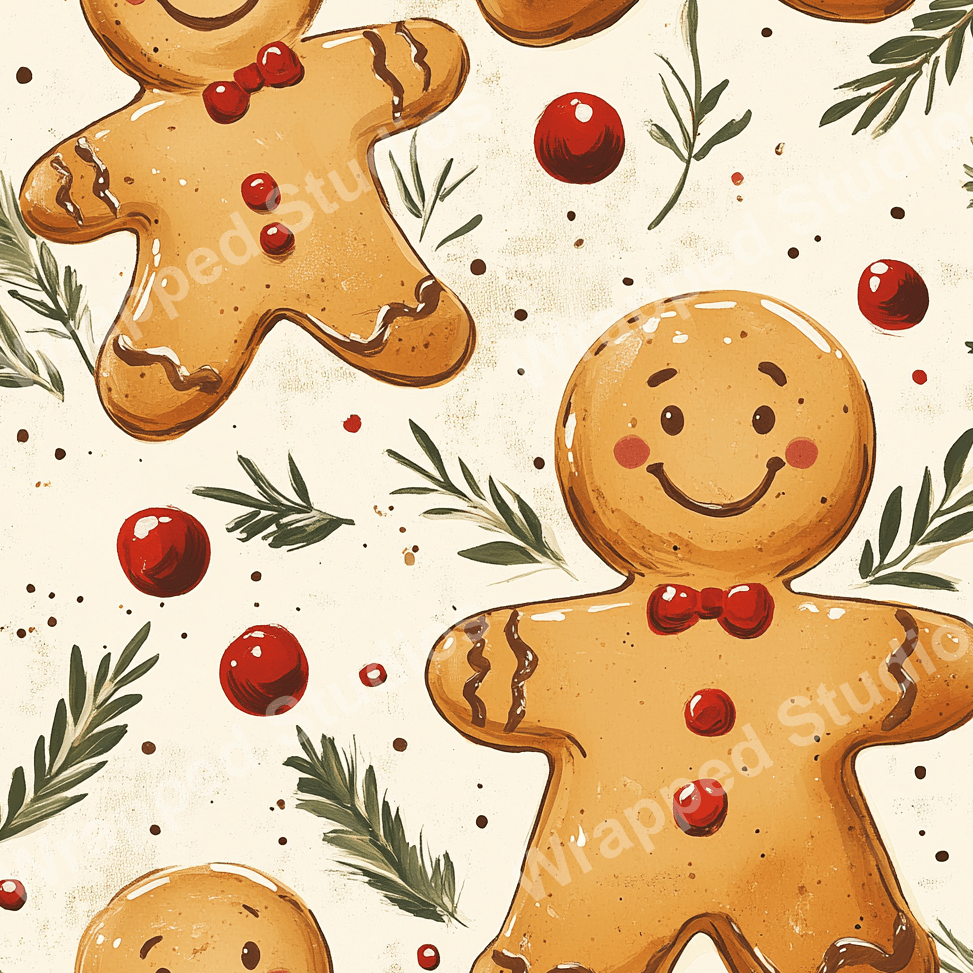 Playful gingerbread man pattern with green sprigs and red berry accents on a cream background.