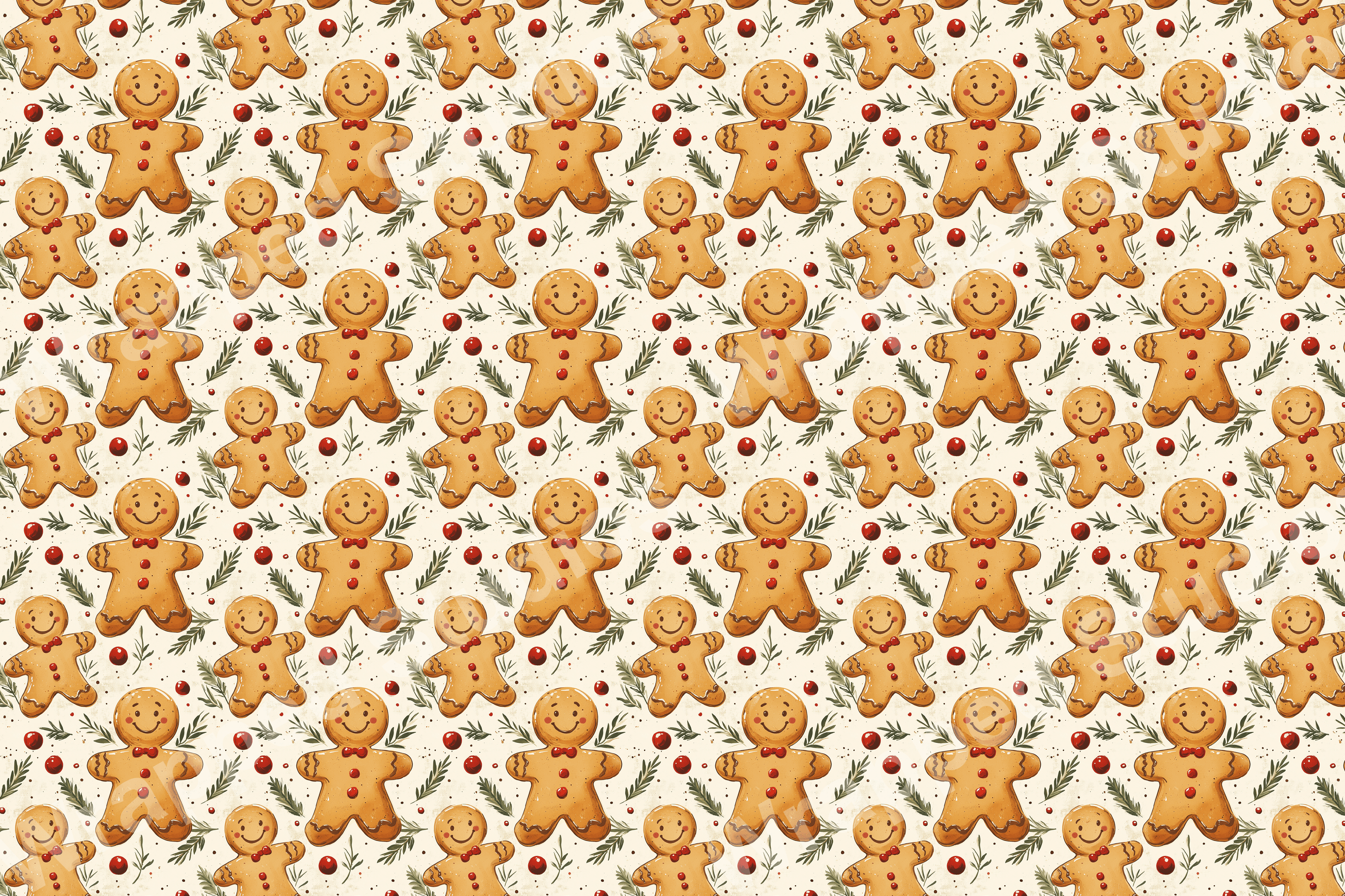Playful gingerbread man pattern with red berries and green sprigs on a cream background.