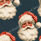 Vintage Santa Claus seamless pattern with retro Christmas illustrations on a dark blue background.