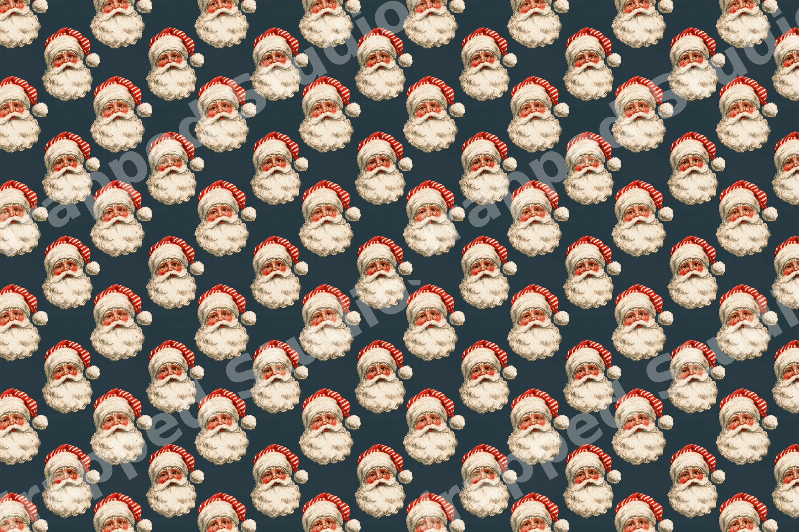 Vintage Santa Claus pattern with repeating retro Christmas illustrations on a dark teal background.