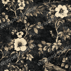 Elegant vintage botanical pattern featuring cream flowers, gold leaves, and a bird on a distressed dark background.