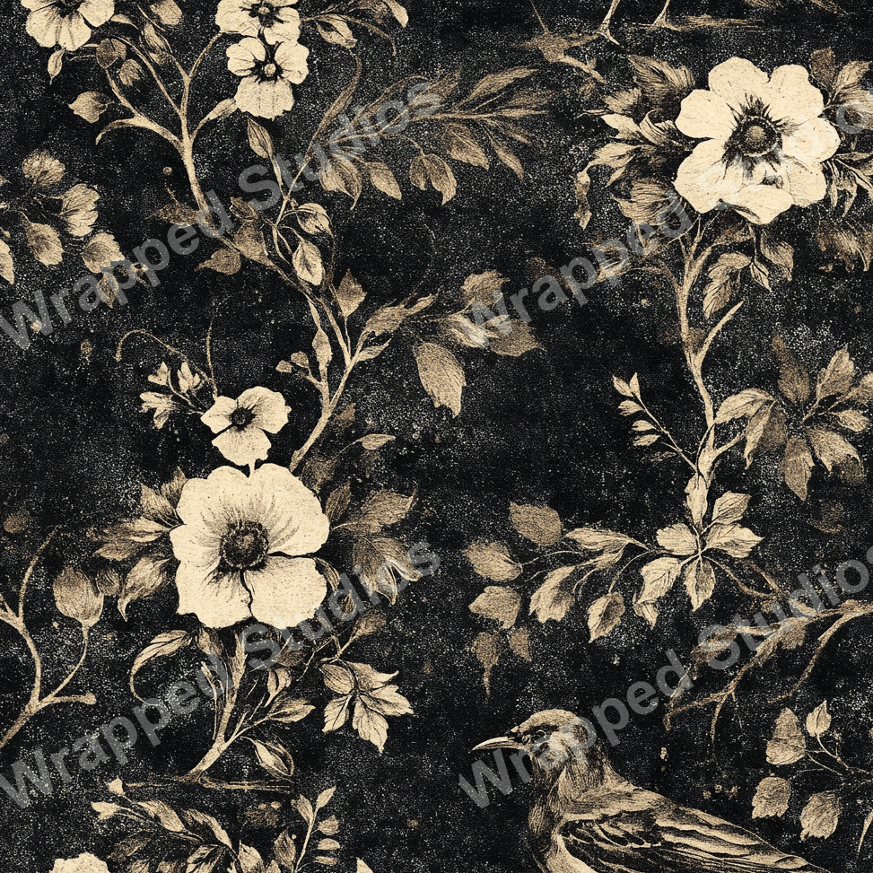 Elegant vintage botanical pattern featuring cream flowers, gold leaves, and a bird on a distressed dark background.