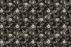 Vintage botanical floral pattern with cream flowers and sepia birds on a dark, textured background.