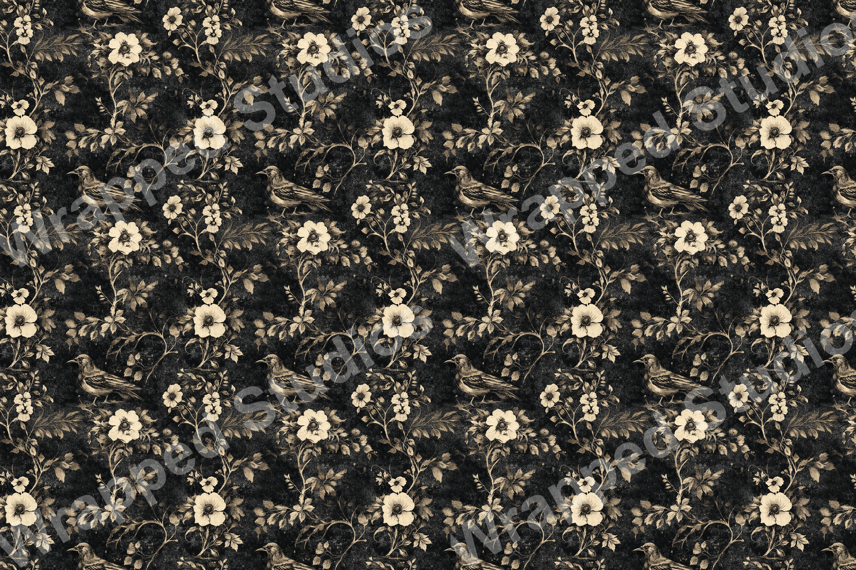 Vintage botanical floral pattern with cream flowers and sepia birds on a dark, textured background.