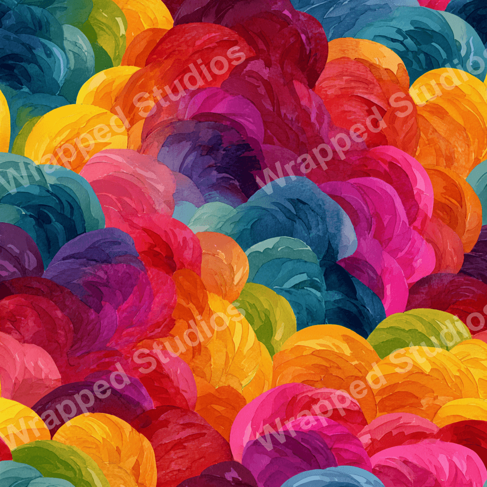 Watercolor abstract pattern of overlapping textured shapes in vibrant rainbow colors.