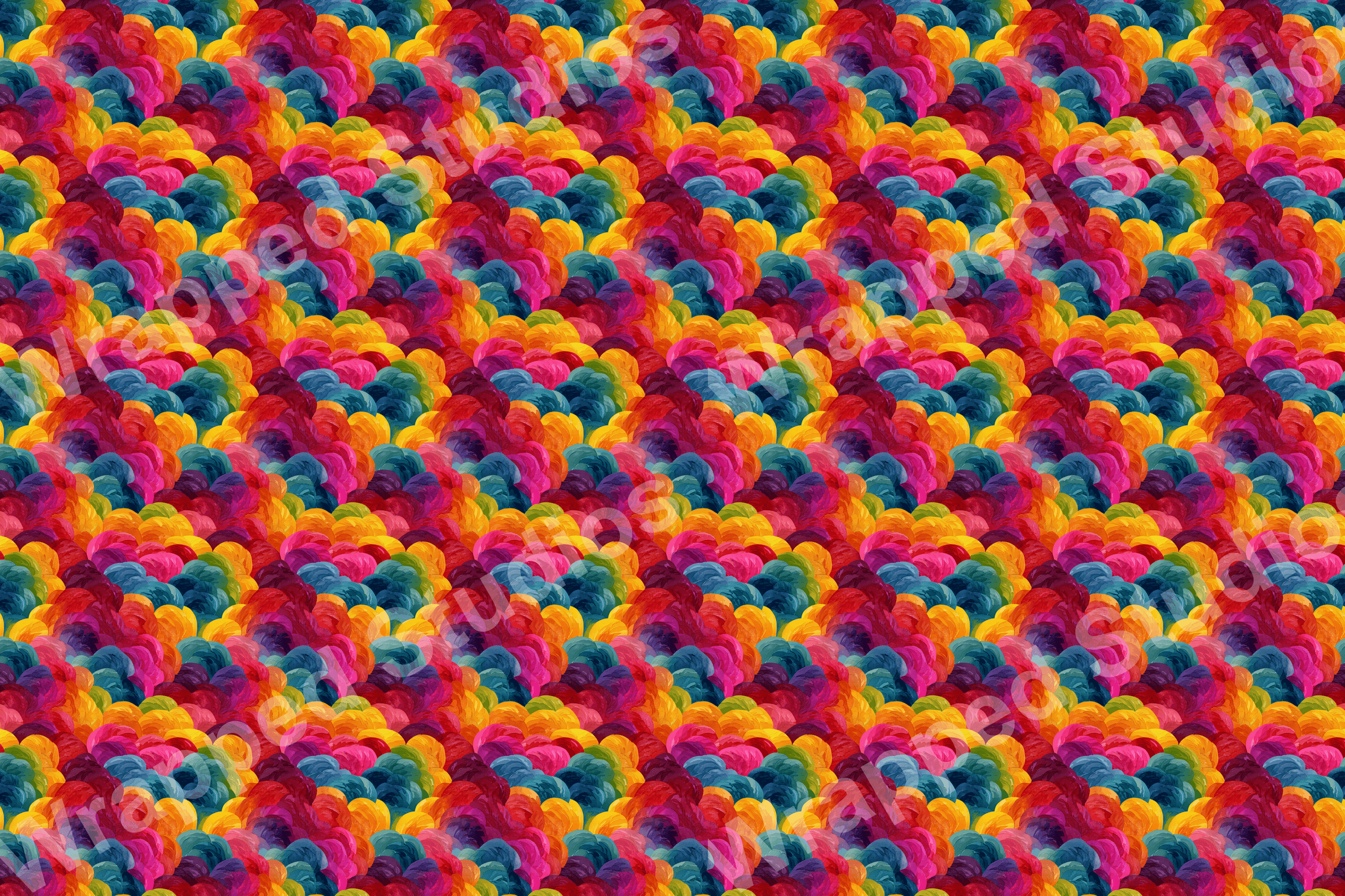 Vibrant abstract pattern with fluid, overlapping shapes in hues of yellow, pink, blue, and red.