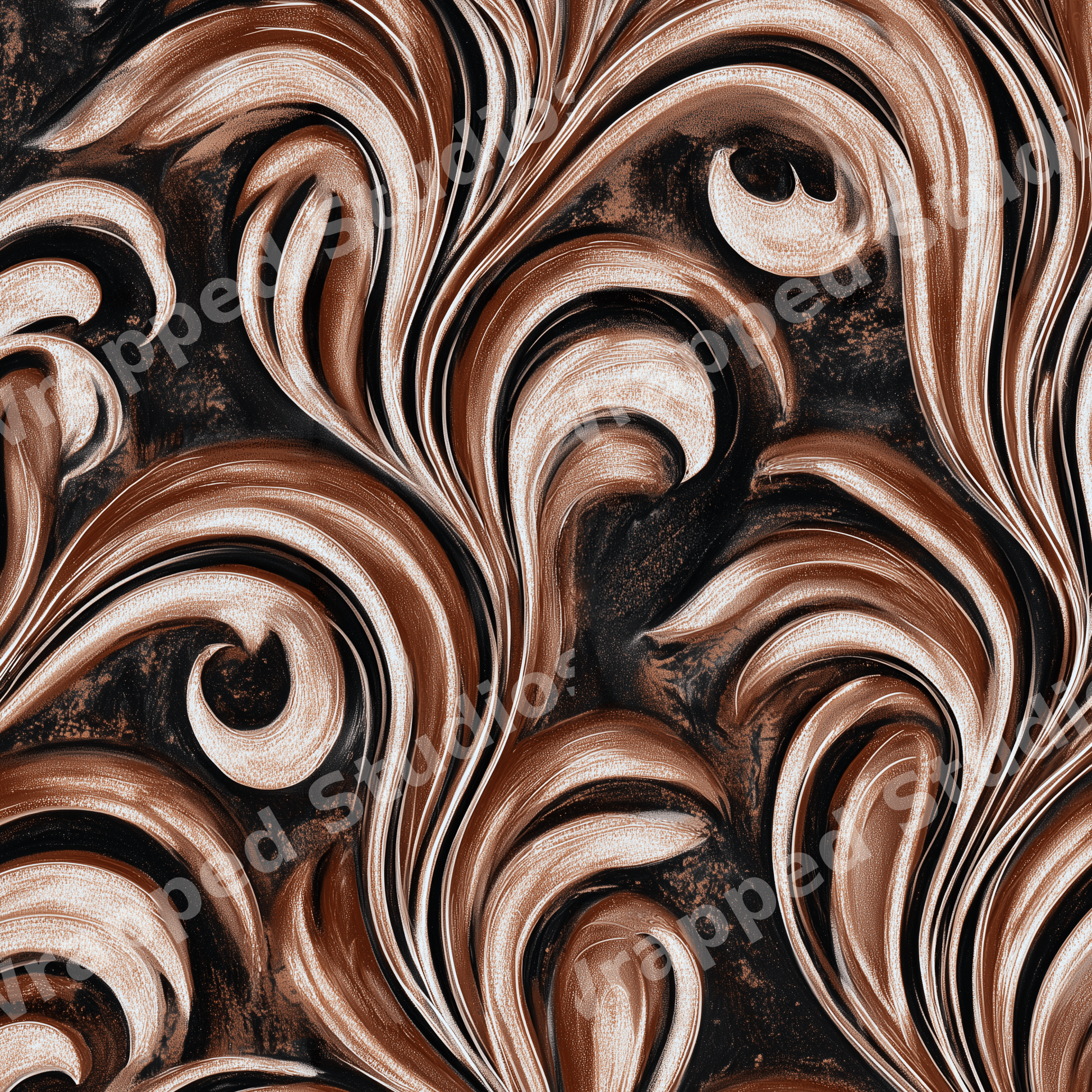 Elegant vintage baroque pattern with bronze and cream swirling scrolls on a dark background.