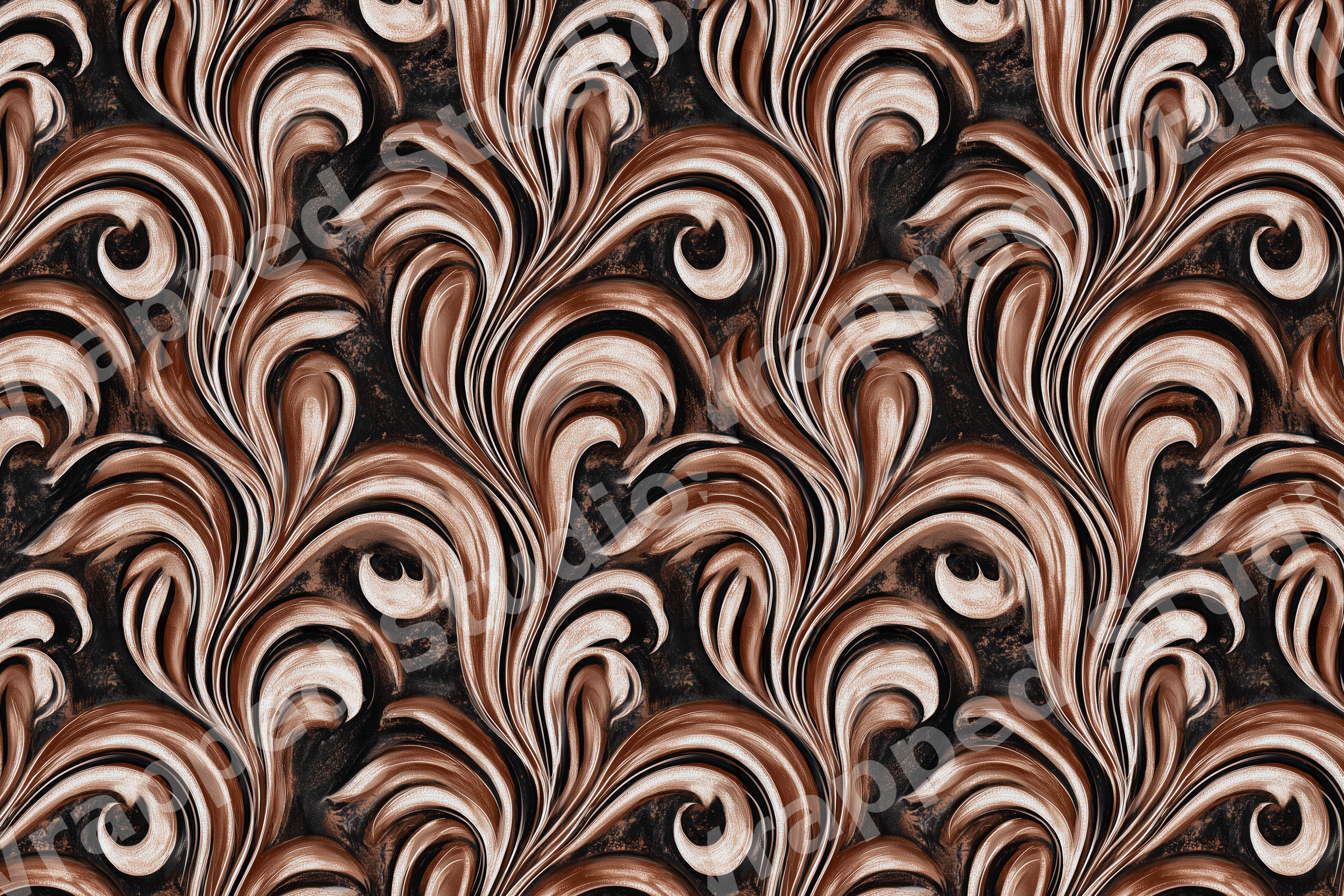 Elegant vintage baroque swirl pattern in chocolate brown and beige.