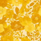 Vintage floral pattern with yellow flowers and leaves on a light yellow background.