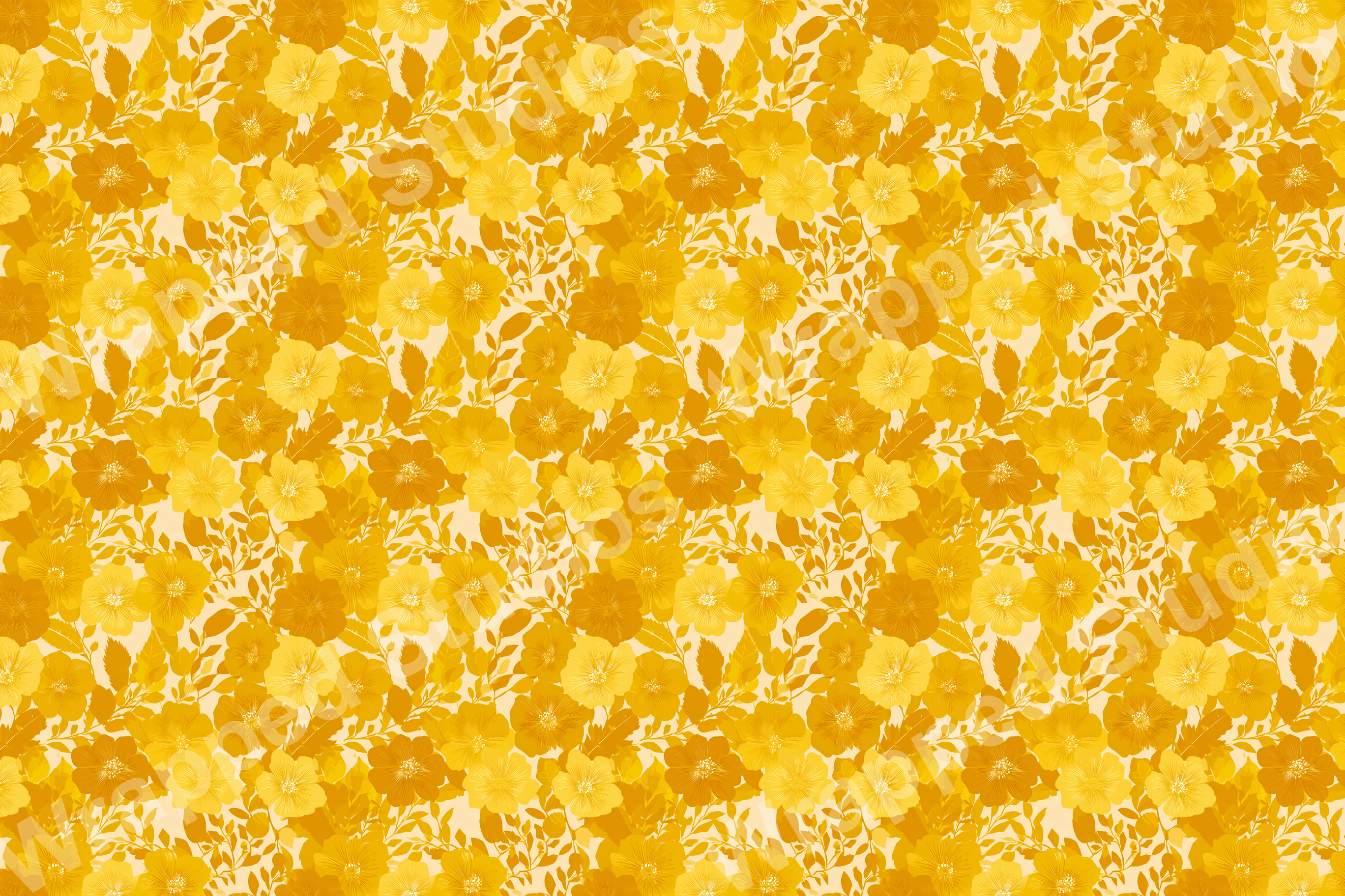 Seamless vintage floral pattern with golden yellow flowers and leaves on a cream background.