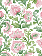 Elegant watercolor floral pattern with pink vintage botanical flowers and green leaves.