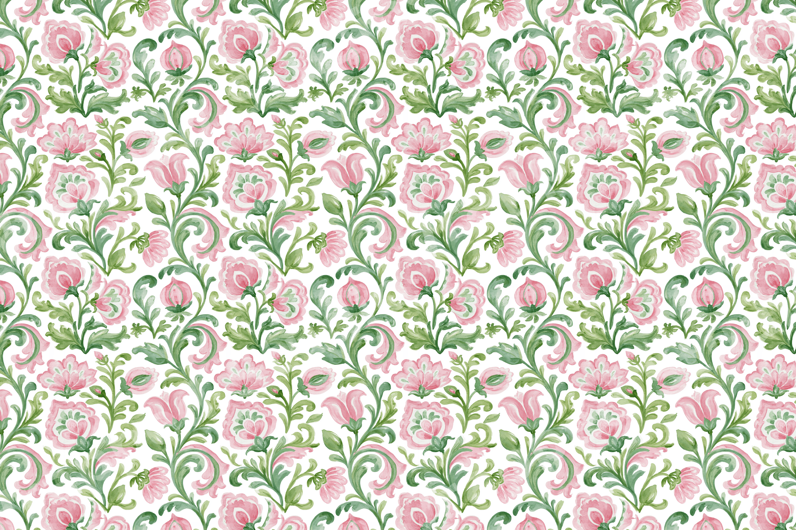 Vintage botanical design with watercolor pink flowers and green vines in a seamless floral pattern.