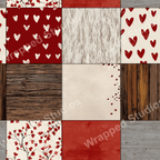 A collection of seamless patterns including red and white hearts, wood grain, and floral designs.