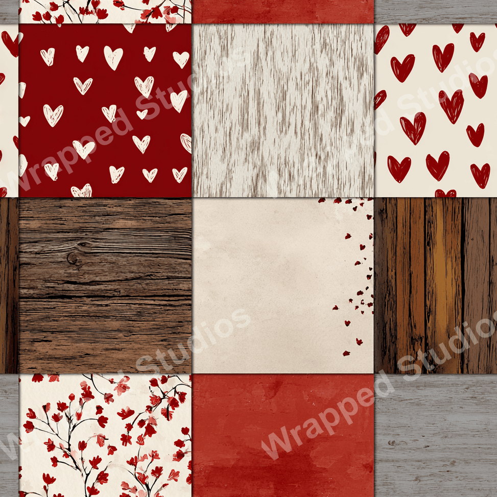 A collection of seamless patterns including red and white hearts, wood grain, and floral designs.
