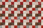 Patchwork pattern with rustic wood textures, red and white hearts, and delicate red berry branches.