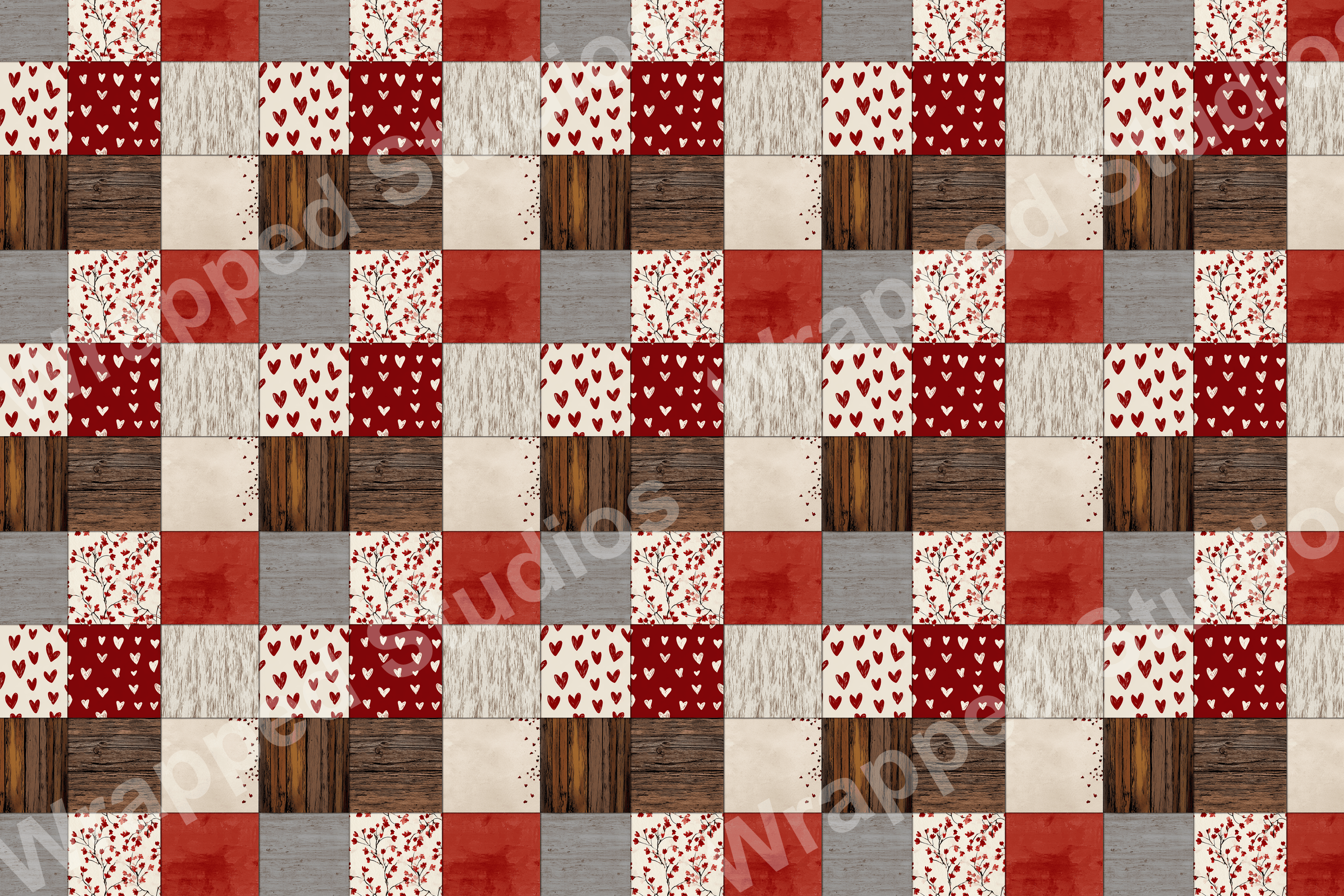 Patchwork pattern with rustic wood textures, red and white hearts, and delicate red berry branches.