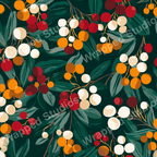 Botanical pattern with red, orange, and cream berries on a dark green leafy background.